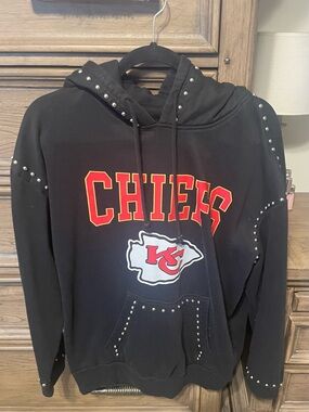 Studded Black Chiefs Pullover Hoodie with Red & Gold Logo